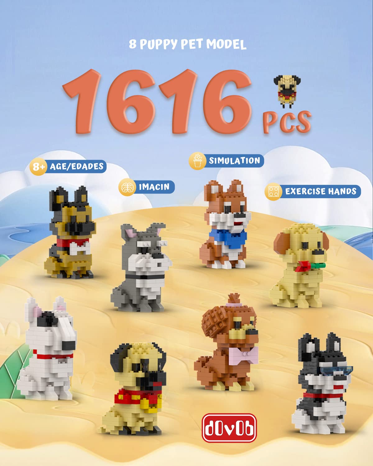 dOvOb Micro Mini Blocks 8-in-1 Dogs Set, 1616 Plastic Bricks, 3D Puzzle Model Toys for Adults & Kids, Golden Color