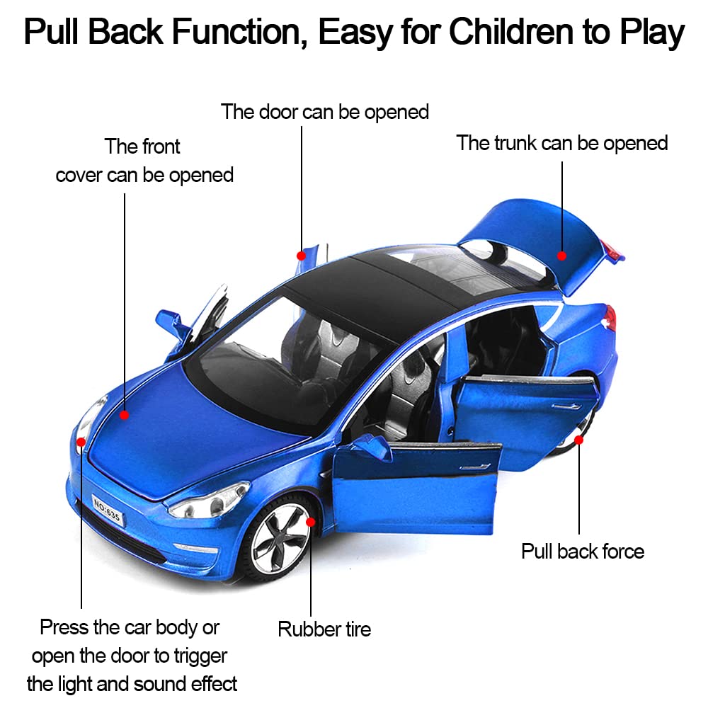 1/32 Model 3 Diecast Car Toy, Sound & Light Effects, Scale Alloy Model 3 Toy Car Pull Back Collectible Vehicles, Mini Model 3 Pl
