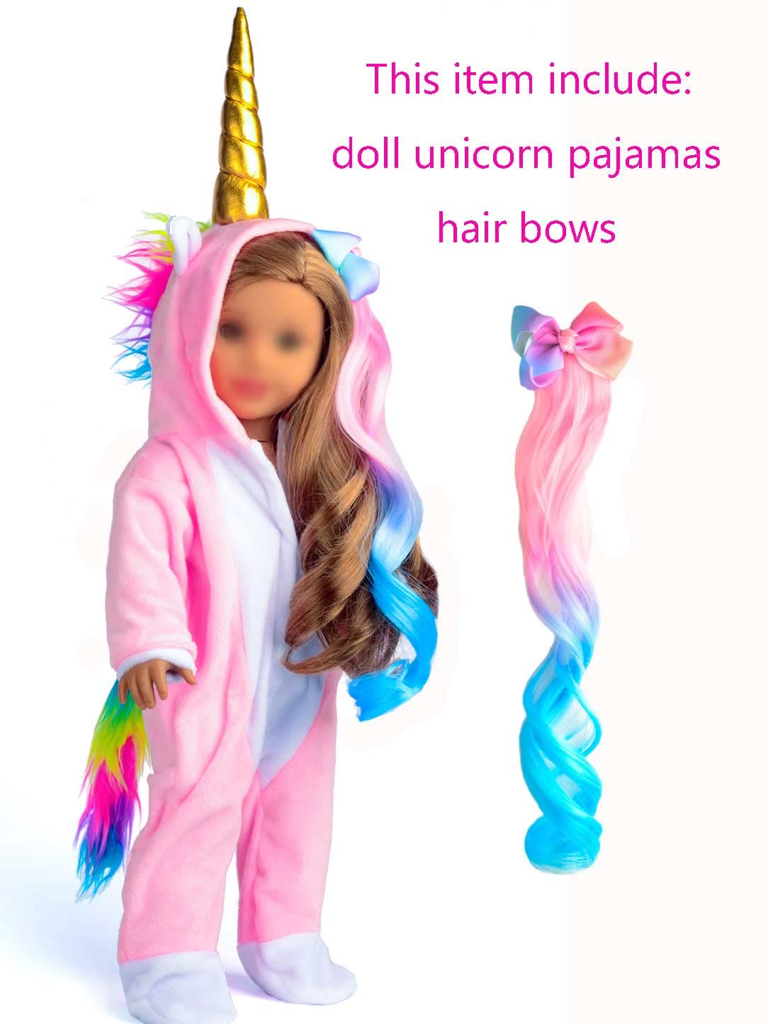 sweet dolly 18 Inch Doll Clothes Unicorn Onesie Pajamas Rainbow Color Hair Bow Clips Costume Fits 18 Inch Doll (Doll Not Include