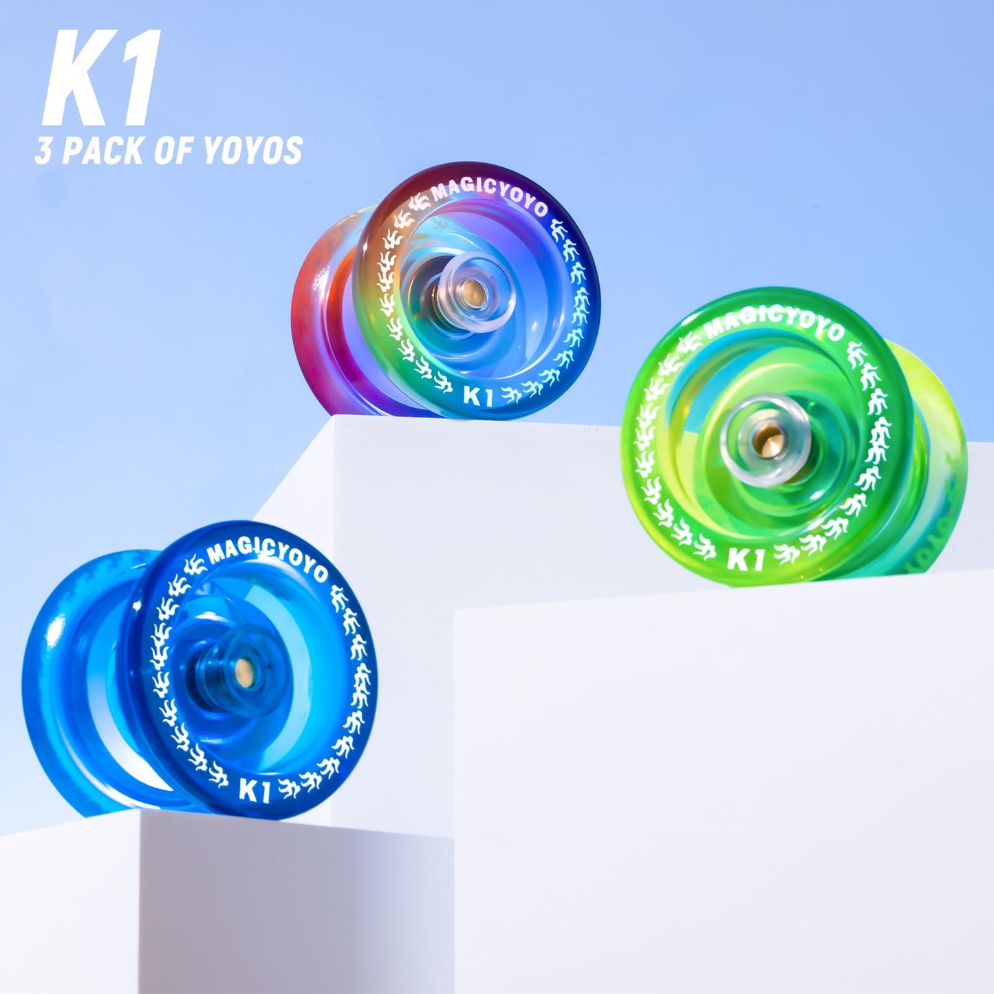 MAGICYOYO Pack of 3 Responsive Yoyos K1 Tug Return Hubstacks Yo-yo for Kids Beginners Dual Purpose with Unresponsive Bearings Kit + 3 Bags+18 Yoyo Strings(Crystal Blue +Green Yellow +Blue Pink Yellow)