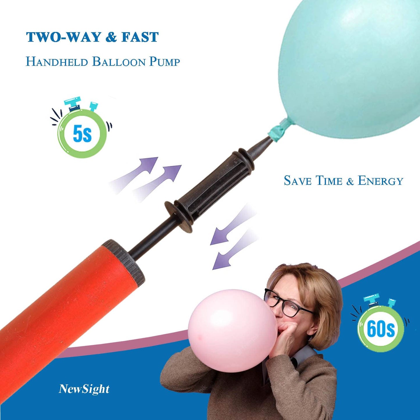 Two-Way Manual Balloon Pump, 2Pack Random Colors, Handheld Air Pump For Kids Party Balloons Supplies, Balloon Inflator By Hand,