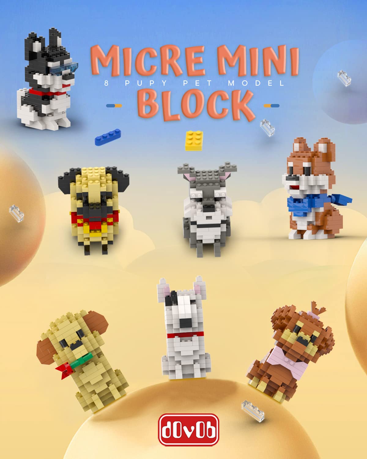 dOvOb Micro Mini Blocks 8-in-1 Dogs Set, 1616 Plastic Bricks, 3D Puzzle Model Toys for Adults & Kids, Golden Color