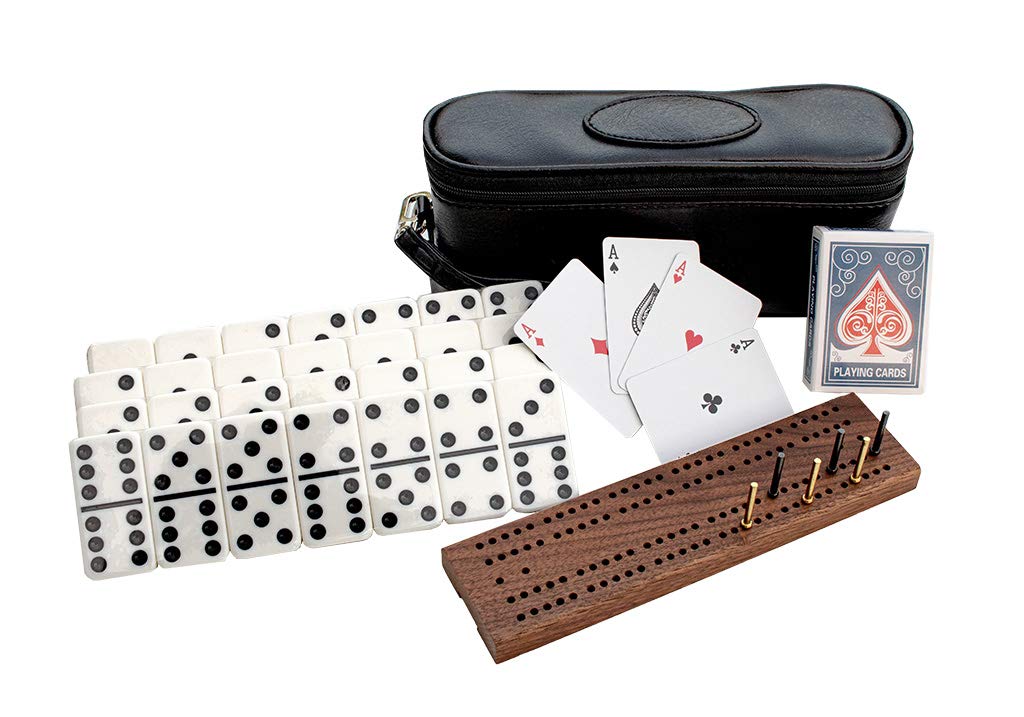 Alex Cramer Classic Domino Set with Leather-Look Travel Case & Mini Playing Cards - Black