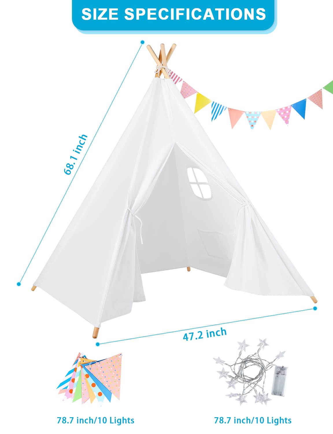 Wilwolfer Teepee Tent for Kids - 4 Pack Portable Playhouse with Star Lights & Color Flags, White Polyester - Toddler Reading Nook Gift