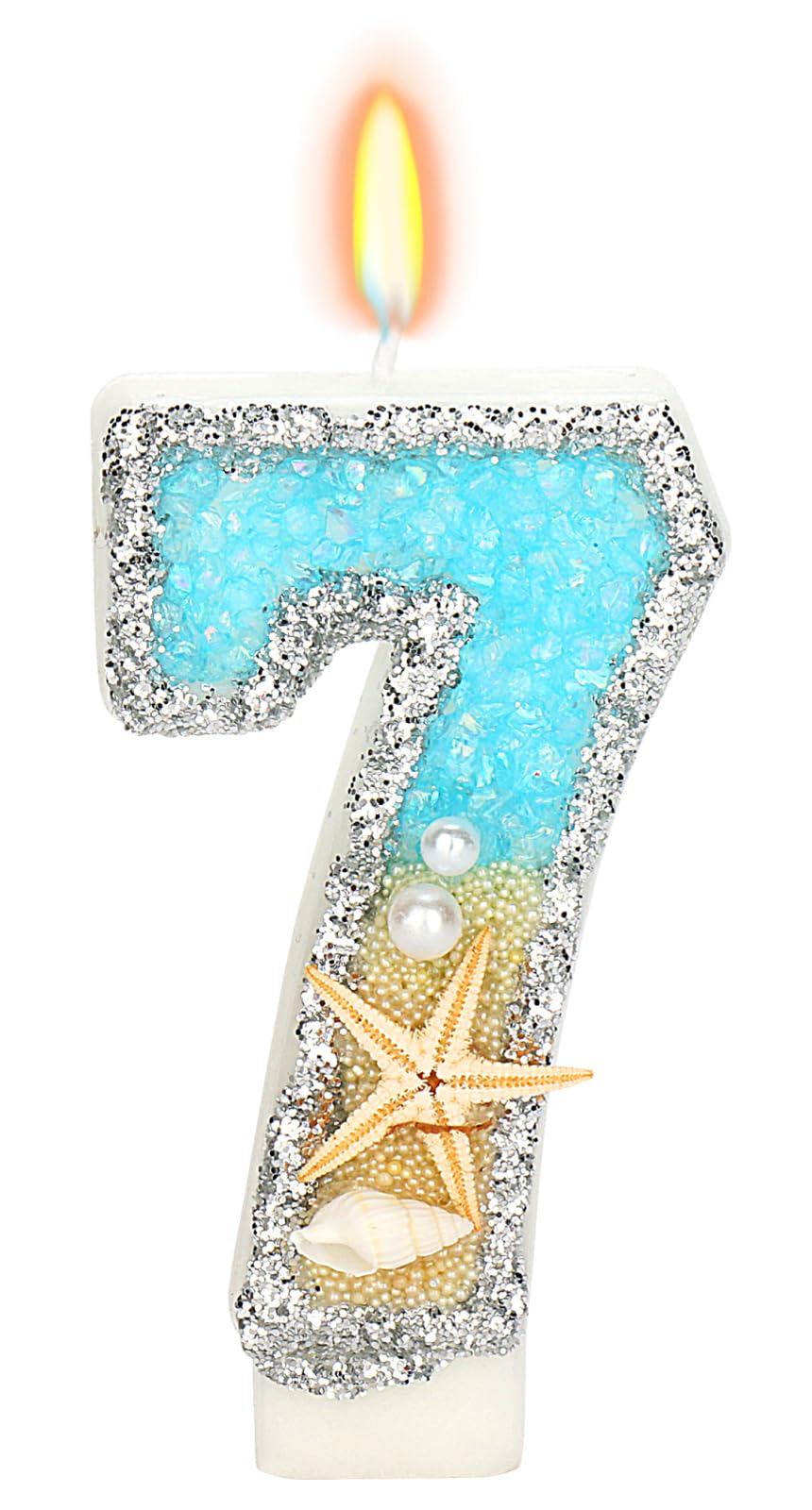 ElekFX 7th Birthday Candle for Cake, Beach Starfish Sequins Number Cake Candles, 2.76 inch Number 7 Happy Birthday Candle, Cake 