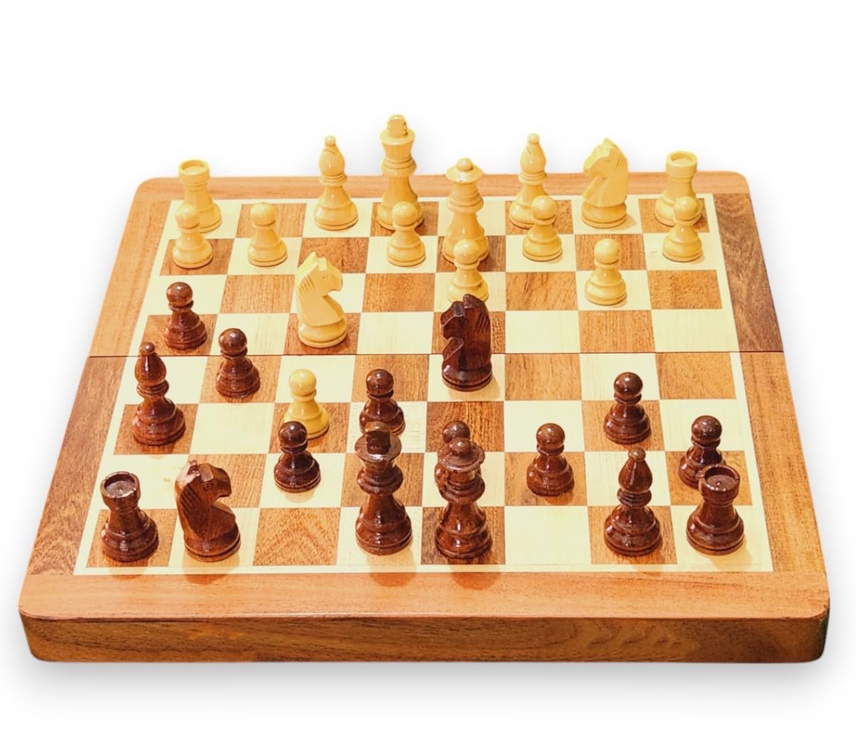 Enterro Wooden Chess Set 12'' X 12'' With 2 Extra Queens With Magnetic Coins - Folding Travel Friendly Handmade For Kids Adults