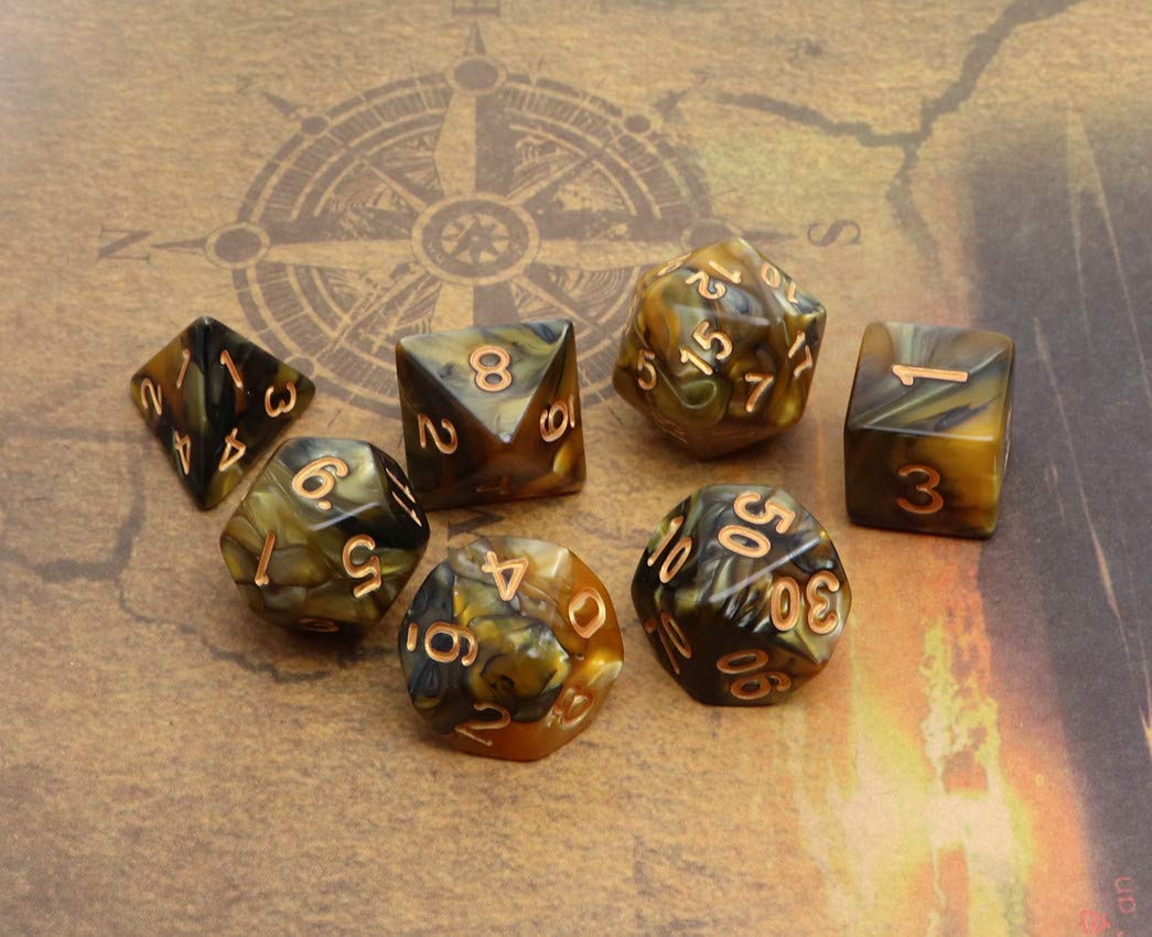CREEBUY DND Polyhedral Dice for Dungeon and Dragons D&D RPG Role Playing Games Gold Black Dice with Dice Bag
