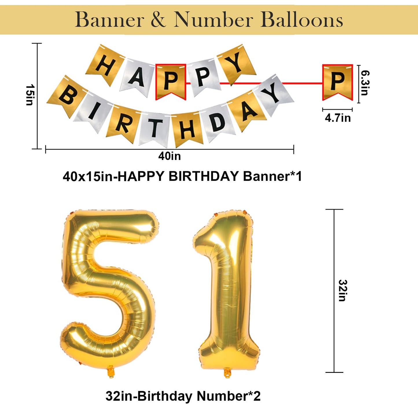 Naninuneno 51Tst Gold Birthday Decorations, Gold Black Silver Happy Birthday Balloons Supplies For Boy Men Girl Women, 51 Birthd