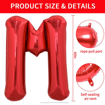 Toniful 40 Inch Large Bright Red Letter Balloons A-Z, Giant Jumbo Helium Foil Mylar Big Letter M Balloons For Birthday Party Ann