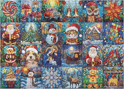 Stained Glass Christmas Puzzles for Adults 1000 Pieces,Christmas Jigsaw Puzzle Collection Features Santa Claus Dog Cat Snowman,