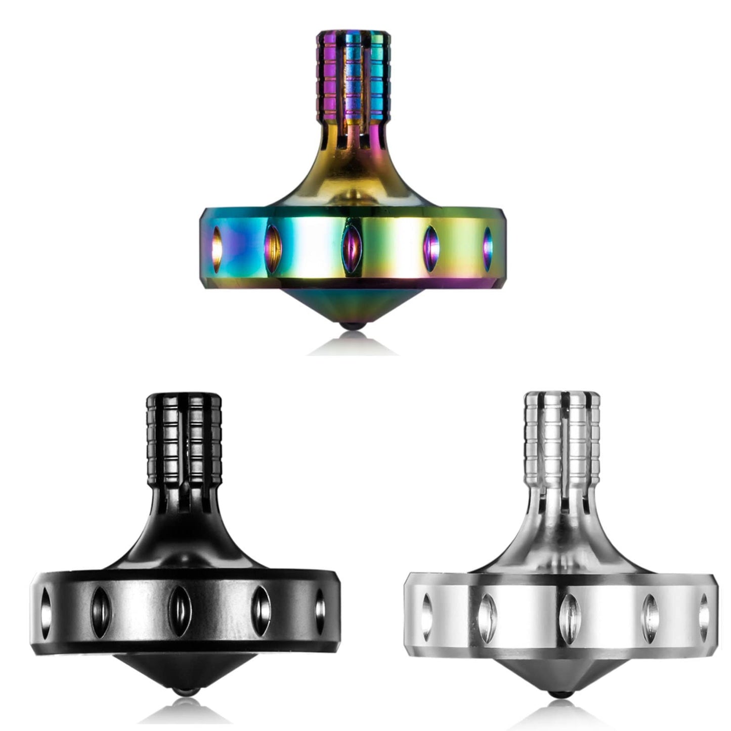 CHEETOP Precision Metal Spinning Top  Long Lasting Spin Time and Perfect Balance  Skilled mature-themed Easily Exceed 10 Mins  Portable Stainless Steel EDC Desktop Toys (3PCS M  Black+Silver+Iridescent)
