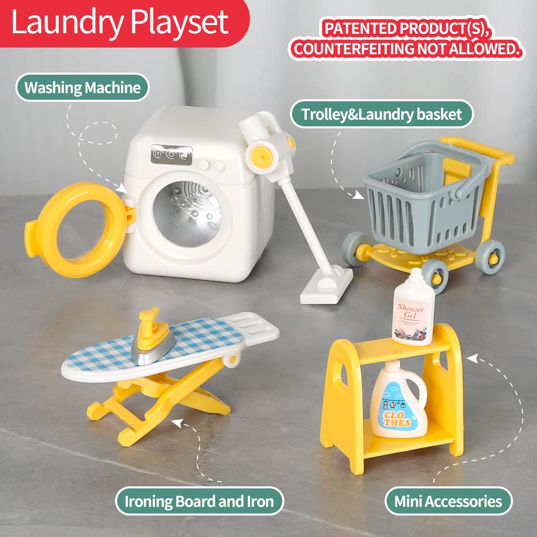 Takihon Dollhouse Furniture Set,Dollhouse Bathroom/Kitchen/Fridge/Washing Machine Laundry Set For Kids,Doll House Miniature Acce