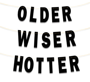 Ushinemi Black Older Wiser Hotter, Funny Birthday Banner For Men Women, Glitter Birthday Party Decorations