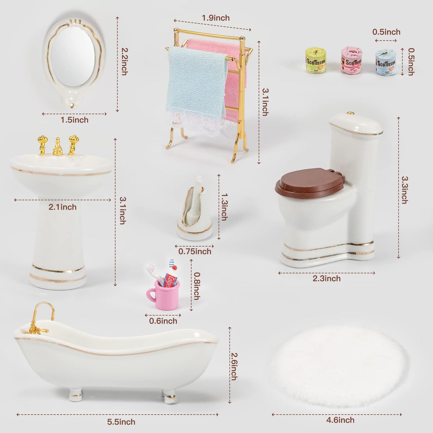 Samcami Ceramic Dollhouse Furniture 1 12 Scale - Doll House Furniture Toys For Dollhouse Bathroom - Miniature Furniture Incl Toilet, Bathtub, Washbasin, Fluffy Carpet And Other Dollhouse Accessories