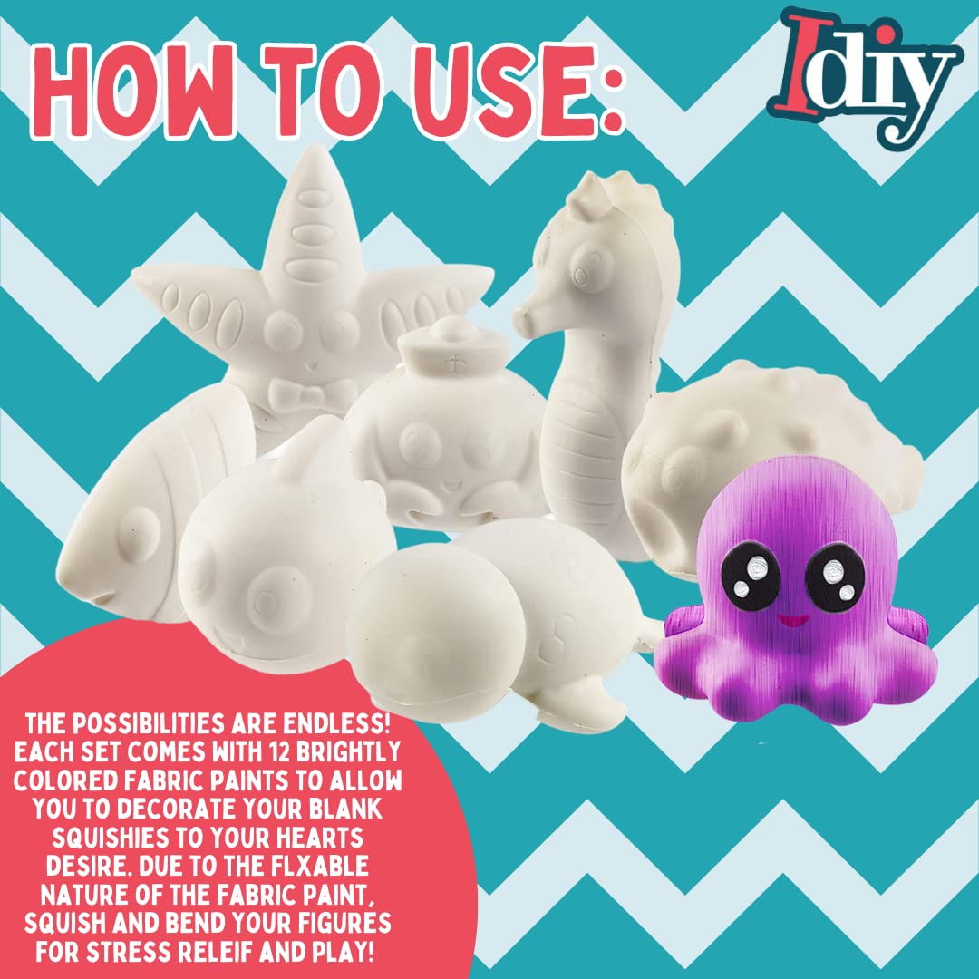 Idiy Diy Party Craft Kit Jumbo Ocean Pals Squishies (8 Unique Sea Animals W 12 Fabric Paints) -White Kawaii Scented Slow Rise Sq