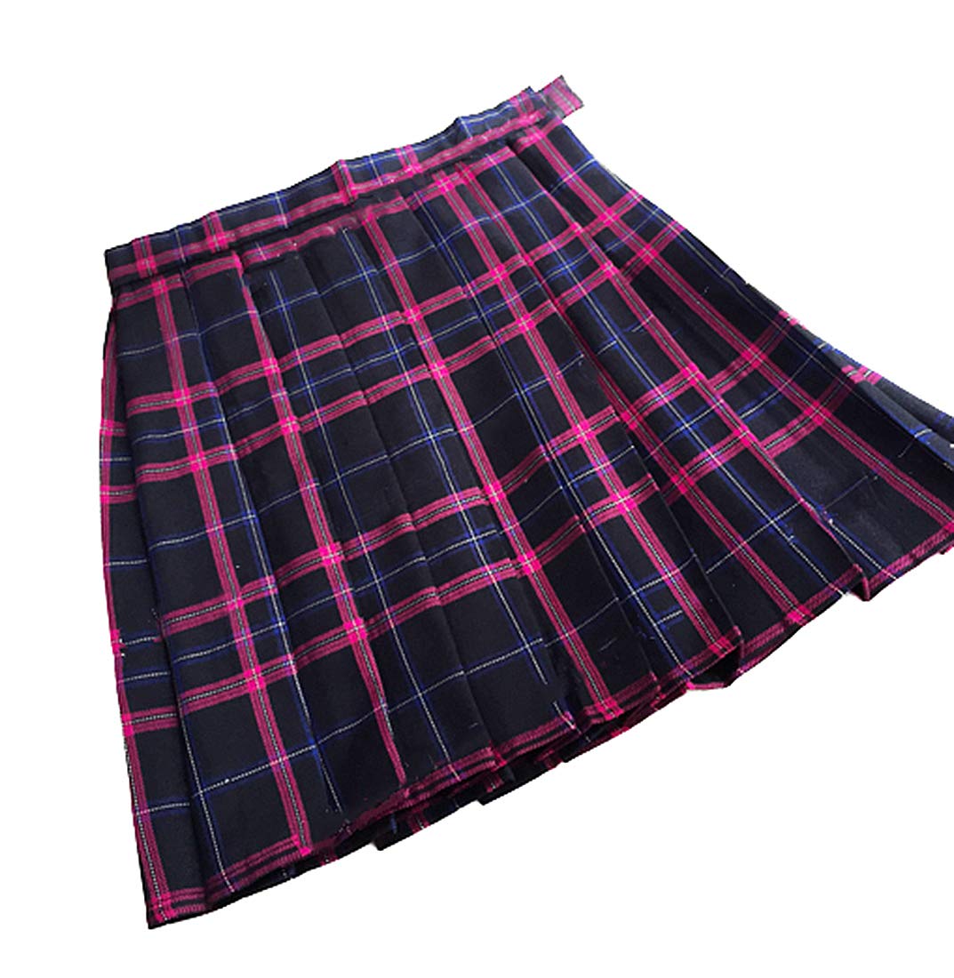 Girl`S School Uniform Skirt Plaid A Line Cosplay Costumes (S, Black Mixed Rose Blue)