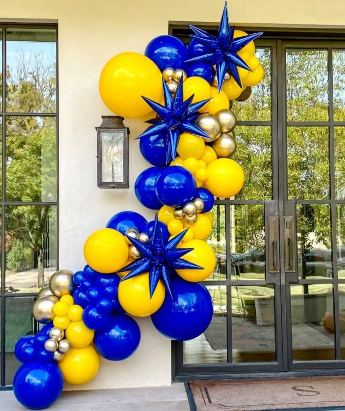 Blue And Yellow Balloon Arch Kit, Royal Blue White Yellow Balloon Garland Kit Latex Baloons With 4D Foil Star Balloons For Baby