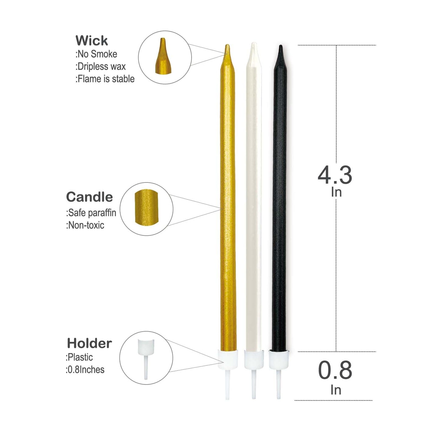 24 pcs Long Black Birthday Candles for Cake Decorations,Long Thin Metallic Gold Candles,Celebration for Parties,Decorations from