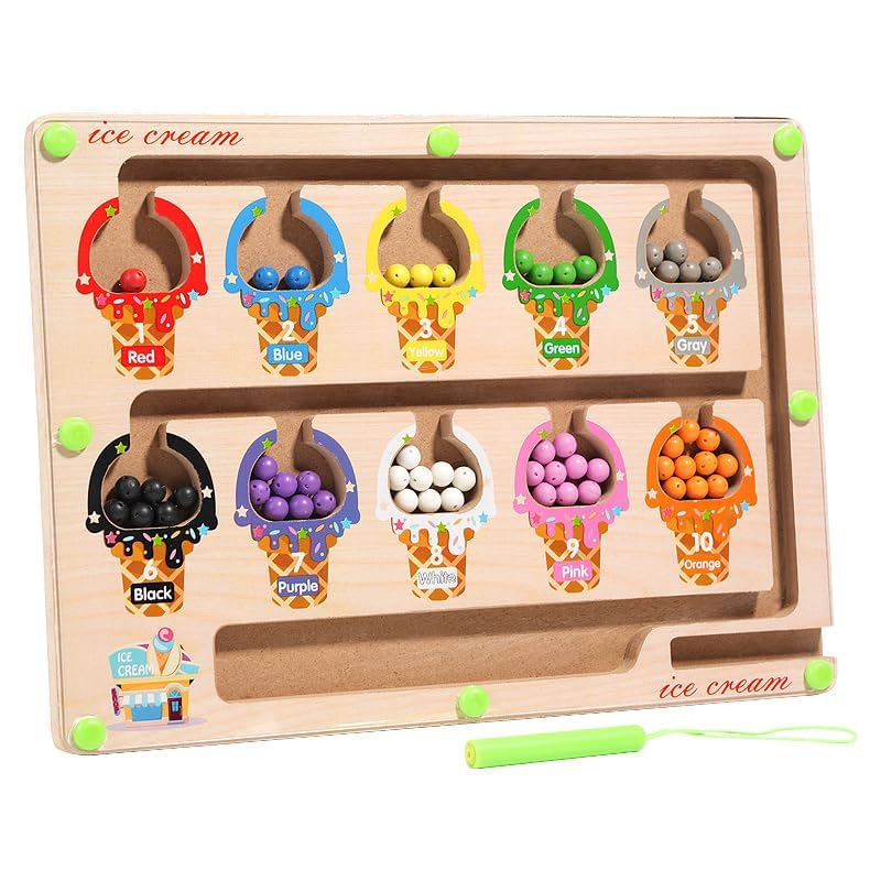 Toy Hues Magnetic Color And Number Maze Board Puzzle Counting, Matching And Fine Motor Skills Activity Toy For Toddlers (Ice Cre