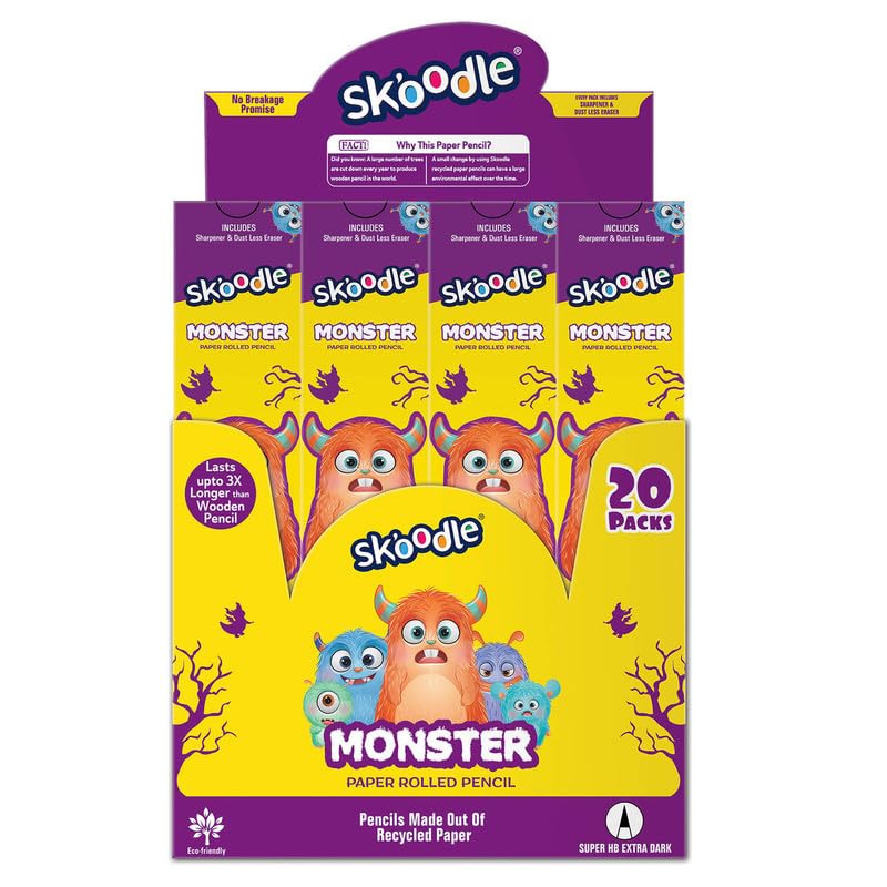 SKOODLE Monster Series Paper Rolled Pencils, Super Dark HB Graphite Pencils, 100% Recycled Pencil, NonToxic, Set of 10 Pencils,