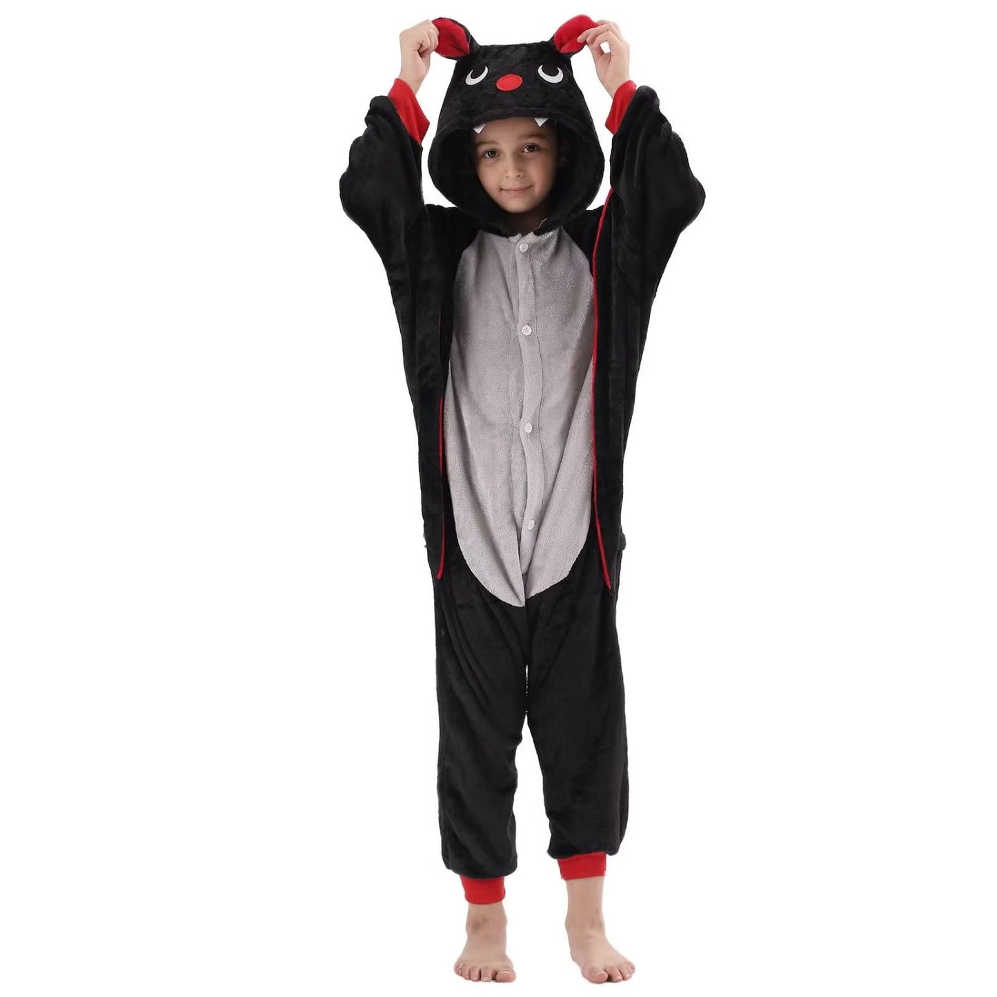 Lobujou Kids Onesie Costume For Boys Girls Halloween Animal Cosplay One Piece Flannel Hooded Black Bat L