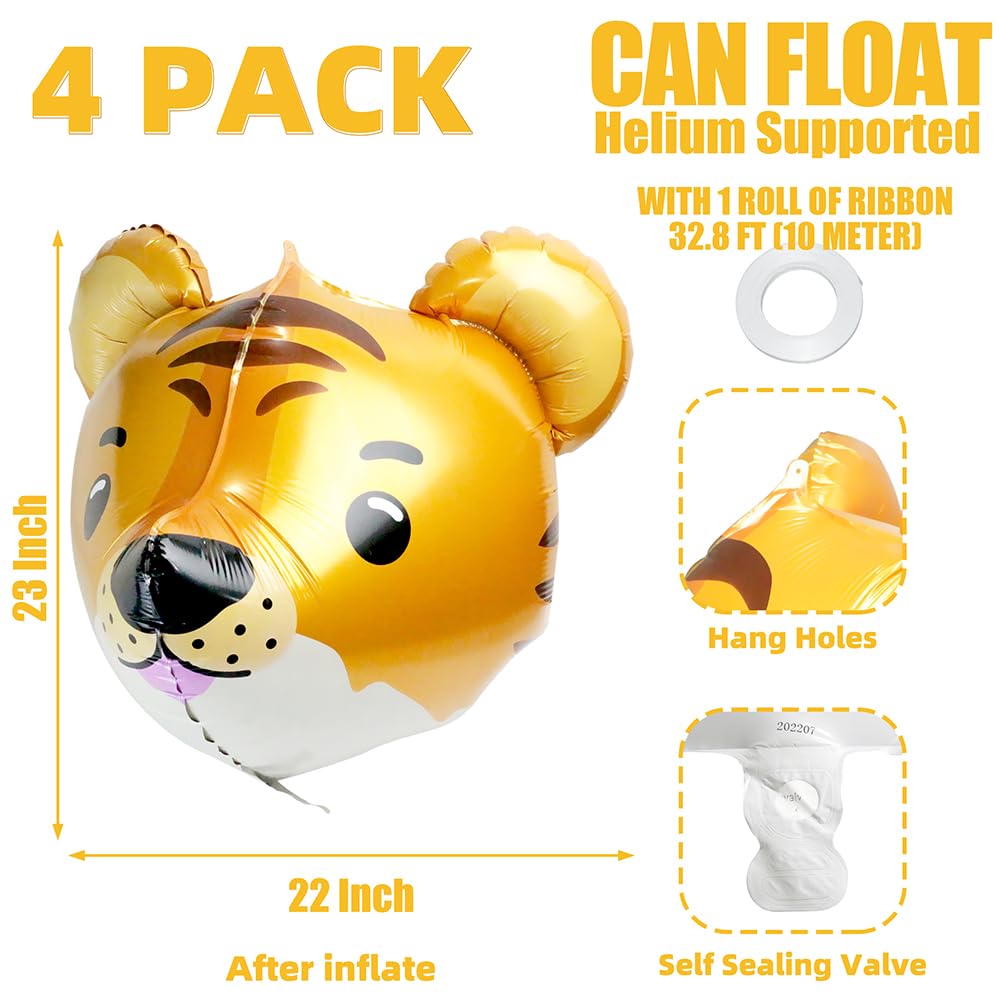 4D Wild Woodland Jungle Tiger Head Balloons Farm Zoo Safari Animal Tiger Balloons, 4 Pack 23'' Tiger Helium Mylar Foil Balloons