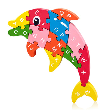 Lovestown Dolphin Wooden Puzzle, 26Pcs Jigsaw Puzzle Alphabet And Number Blocks Wooden Building Blocks For Kid Toddlers Preschool