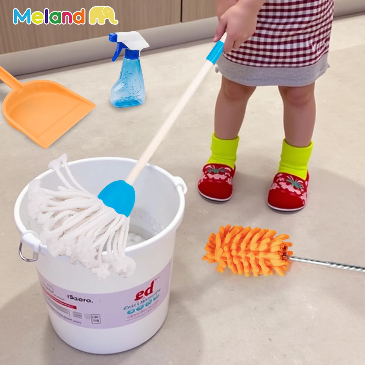 Meland Kids Cleaning Set - 8Pcs Toddler Broom & Toy Vacuum - Colorful Plastic House Cleaning Toys for Boys & Girls, Model clean001
