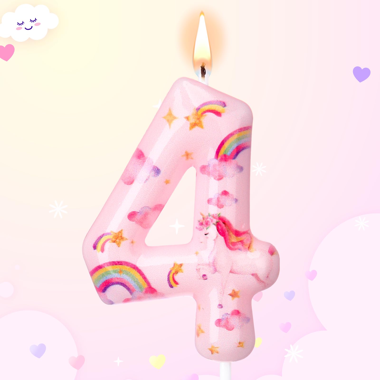 Nuanchu Number 4 Unicorn Birthday Candle Unicorn Cake Candle Rainbow Clouds and Stars Numeral Birthday Cake Topper for Girls Cut