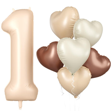 Biapian 40 Inch Light Brown Number 1 Balloon, Caramel Large Number One Balloon Digital With Cream Foil Heart Balloon For 1St Bir