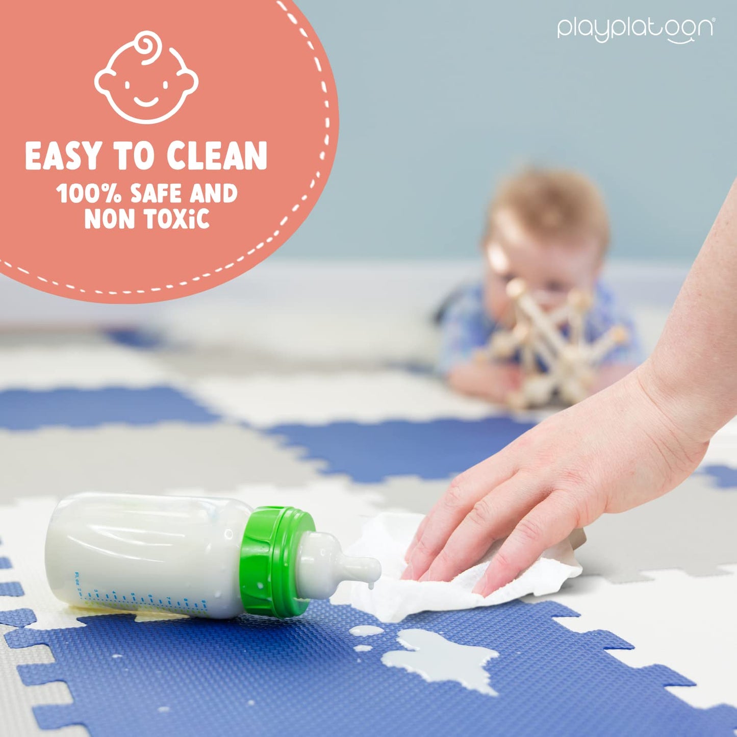 Play Platoon Non-Toxic Foam Puzzle Floor Mat, Comfortable, Extra Thick, Cushiony Exercise And Play Mat For Toddlers, Kids & Adults, 36 Tiles (12'X12'), Grey/Cream/Navy