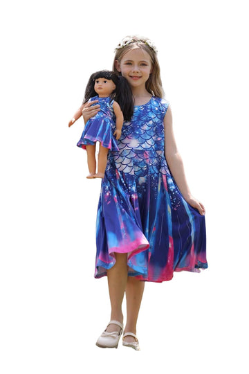 Bow Dream Girl Dress and Matching American Girl Doll Clothes Accessories Rainbow Mermaid Unicorn Size 150