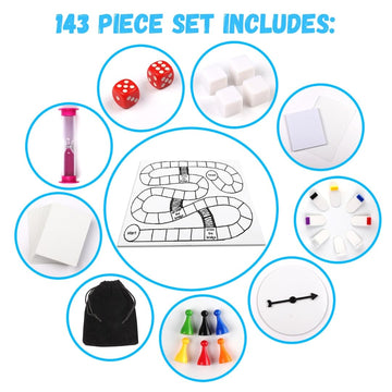 Madanar Blank Create Your Own Board Game Kit Diy 143 Piece Set - Perfect For School Projects: Player Pieces, Spinner, Playing Cards, Dice, Sand Timer, Pawns, Storage Box, And More - Fun For Family