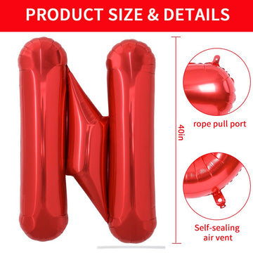 Toniful 40 Inch Large Bright Red Letter Balloons A-Z, Giant Jumbo Helium Foil Mylar Big Letter N Balloons For Birthday Party Ann