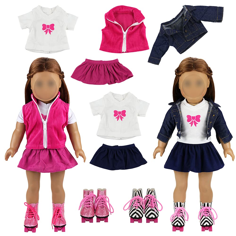 Barwa 2 Sets Doll Clothes And 2 Pairs Ice Skates Boots Shoes Fashion Autumn Clothing Dress Sets Compatible For 18 Inch Doll Xmas Gift