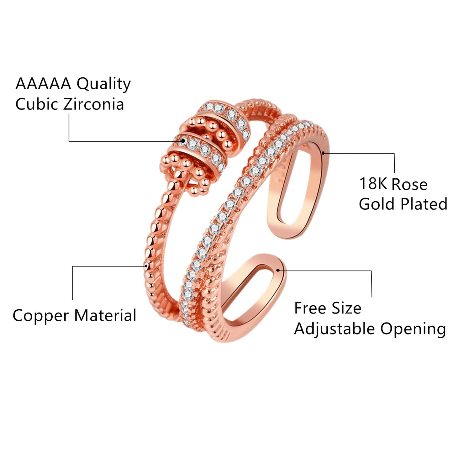 Anxiety Ring for Daughter, 18K Rose Gold Fidget Ring for Daughter from Mom to My Daughter Cubic Zirconia Adjustable Thumb Stress