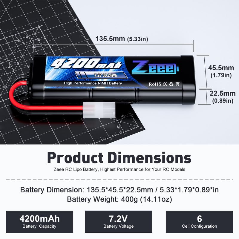 Zeee 7.2V 4200mAh NiMH Battery with Tamiya Connector High Power for RC Car Truck Associated HPI Losi Kyosho Tamiya Hobby(2 Pack)