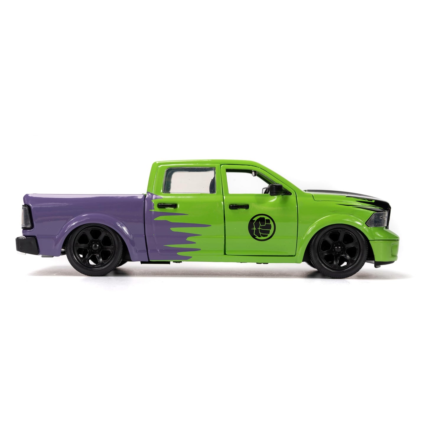 2014 RAM 1500 Pickup Truck Green and Purple and Hulk Diecast Figure Marvel Avengers Hollywood Rides Series 1/24 Diecast Model Ca