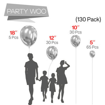 Partywoo Metallic Silver Balloons, 130 Pcs Silver Balloons Different Sizes Pack Of 18 12 10 5 Inch Silver Balloon Arch Kit Balloon Garland For Birthday, Graduation, Party Decorations, Silver-G102