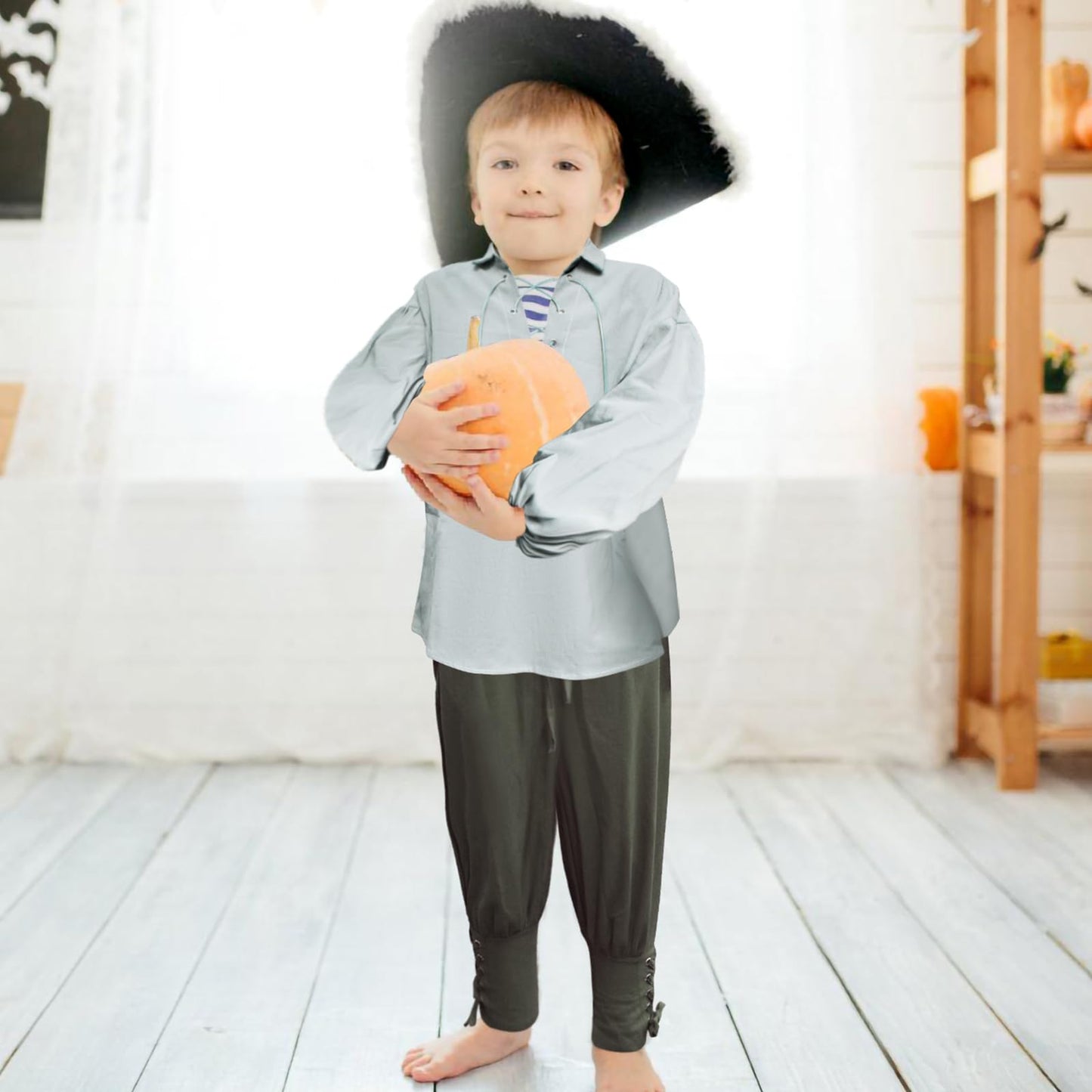 Prebene Boys Medieval Pirate Set Shirt & Ankle Pants Kids Renaissance Halloween Costume Scottish Jacobite Tops and Trousers (Gre