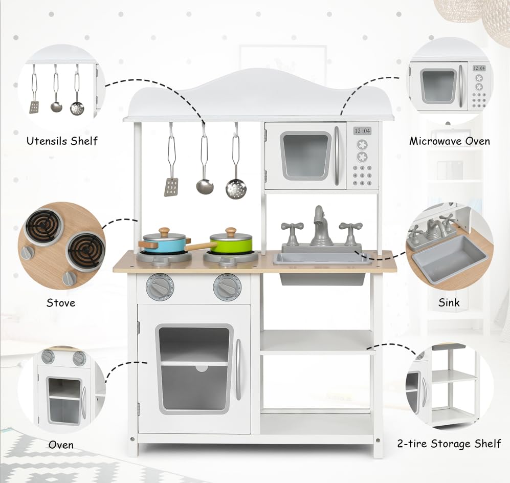 Costzon Kids Kitchen Playset, Wooden Pretend Toy Kitchen Set with Sink, Oven, Microwave, Stove, Pots, Utensils, Play Kitchen for