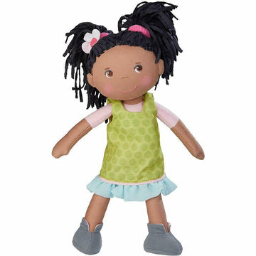 Haba Cari 12' Soft Doll - Machine Washable With Green Dress, Embroidered Face, Brown Eyes And Black Pigtails