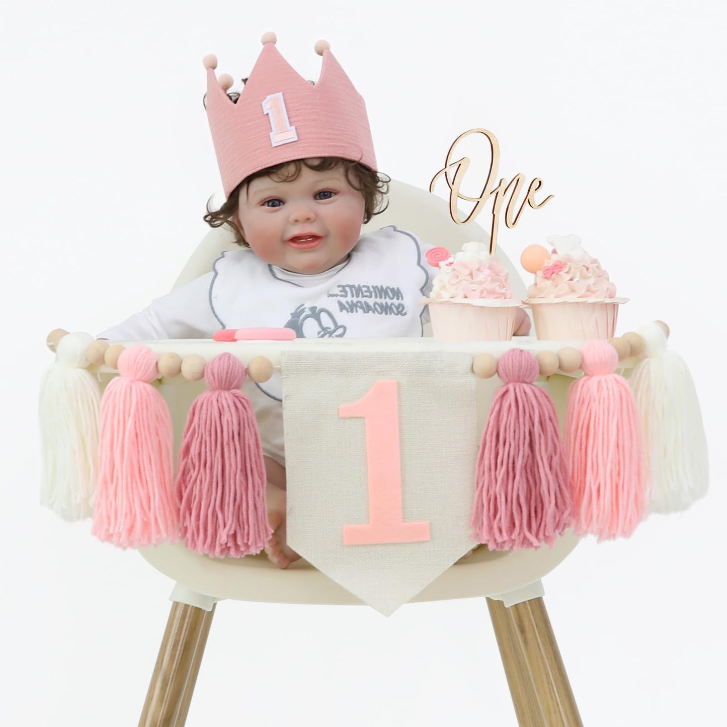 HODIHIWI Pink Baby Girl 1st High Chair Banner Wood Bead Tassel Garland Crown Hat Wooden Cake Topper Birthday Party Decorations