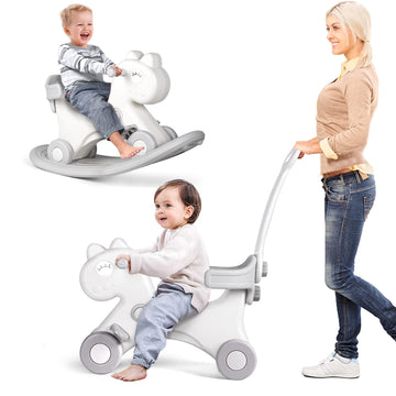 4 In 1 Rocking Horse For Toddlers 1-3 Years Old, Balance Bike Ride On Toys With Push Handle, Backrest And Balance Board For Baby Girl And Boy, Unicorn Kids Riding Birthday (White)