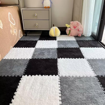 18Pcs Plush Puzzle Foam Floor Mat, 11.8X11.8In Soft Anti-Slip Puzzle Area Rug Playmat For Room,Black+Grey+White