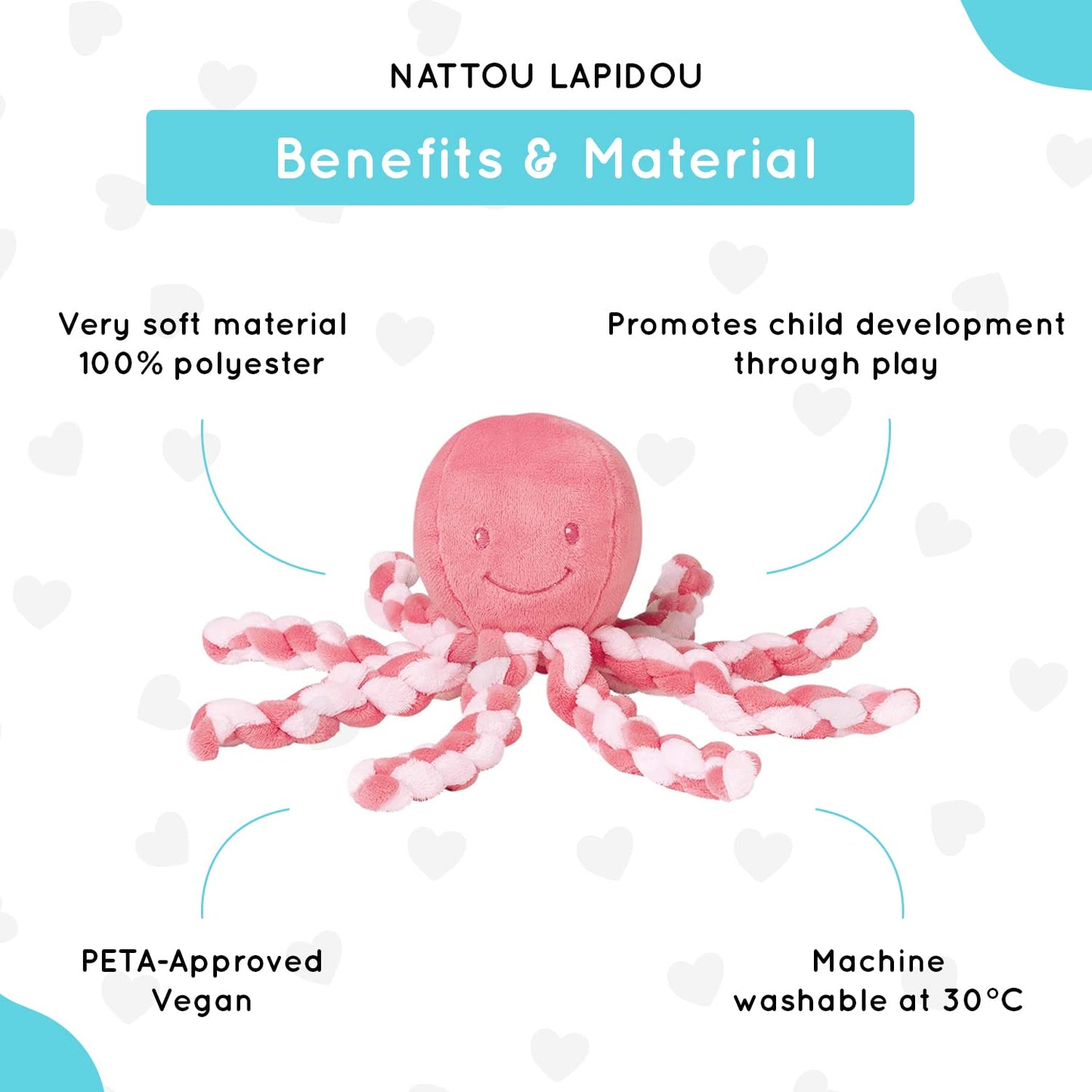 Nattou Octopus Soft Toy, For Newborns And Premature Babies, 23 Cm, Pink, 878715