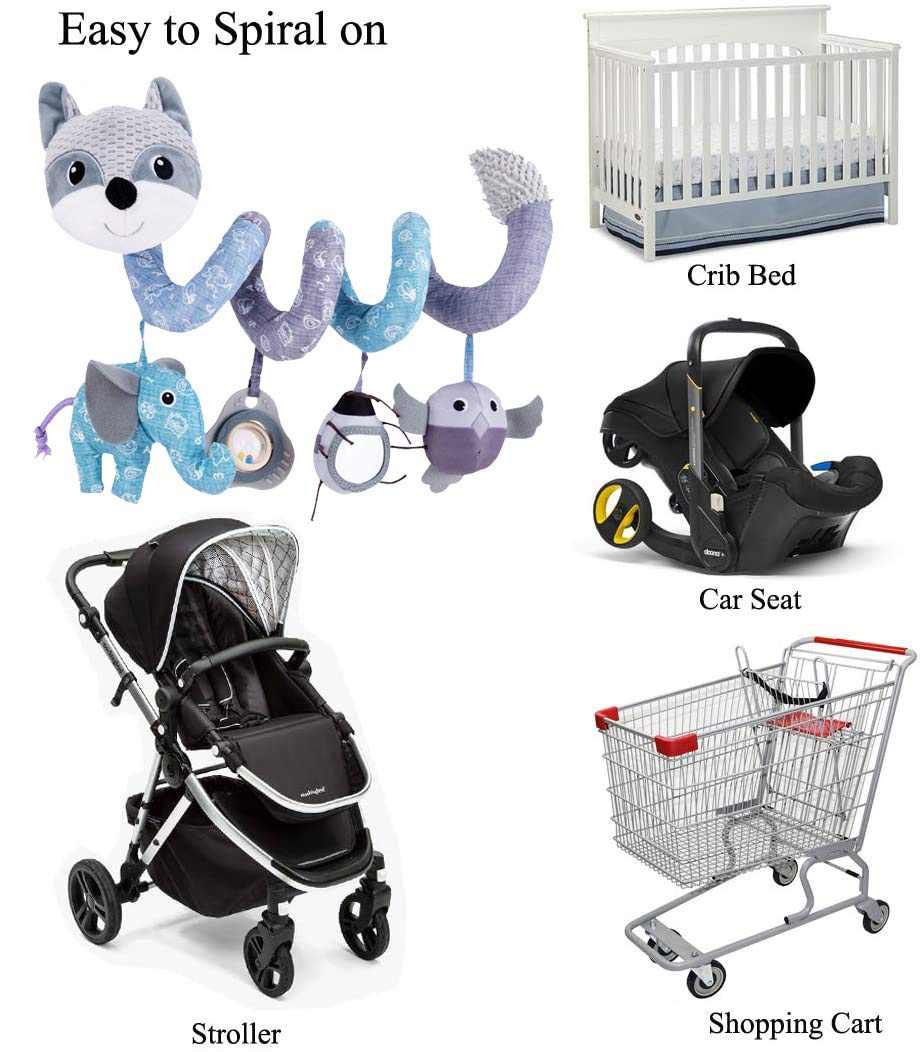 ORZIZRO Baby Plush Spiral Hanging Toys - Medium Gray, Musical Owl & Squeaker Elephant for Stroller, Crib, Car Seat & Bassinet