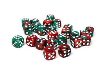 25 Count Pack of 12mm D6 Dice - Matching Collection of 6 Sided Dice with Pips (Green and Red Swirl)