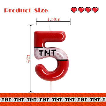 TNT Themed Birthday Candles for Boys Girls, Craft Pixels Cake Topper, Kids Themed Birthday Party Supplies (Number 5-Red)