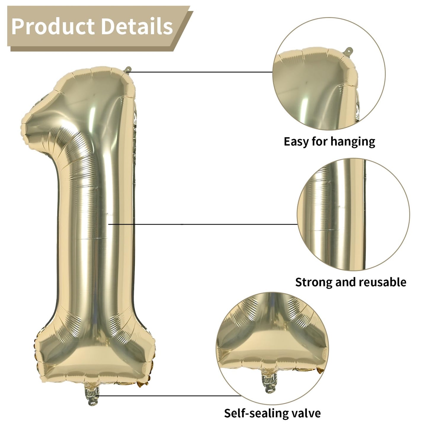 40 Inch Light Gold Number 1 Balloon, 1St Birthday Balloons, Confetti Balloons Gold Birthday Print White Latex Balloons Giant 1 F
